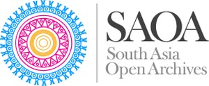 South Asia Open Archives (SAOA) logo. On left side, next to name, is a patterned circular logo image, like a mandala, in light blue, dark pink, and gold.