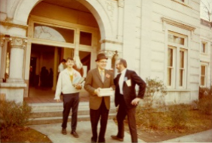 Dean Bond Fleming, Professor Fred Landt, and students leaving Candler Hall as part of the “book walk”, January 1970.