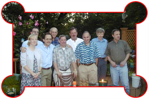 Recent gathering of organic faculty members at Padwa home to celebrate the appointments of Frank McDonald and Debbie Mohler. Front row: Debbie Mohler, Lanny Liebeskind, Dennis Liotta, Al Padwa, Fred Menger. Back row: Frank McDonald, David Goldsmith, Jim Snyder, and Craig Hill.