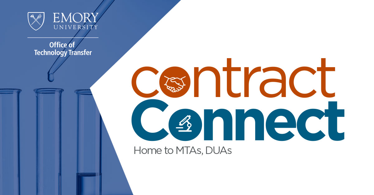 Graphic with Emory logo that says "contractConnect: Home to MTAs, DUAs"