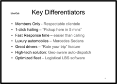 Slide with Uber's key differentiators that sets them apart from competitors