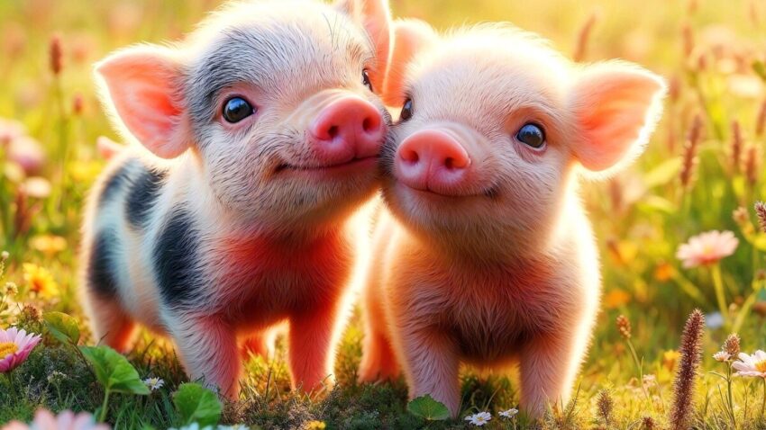 Two small piglets stand on a grassy area with sunflowers that contextualize how small the piglets are. The piglets stand shoulder to shoulder and they turn their heads towards each other, their cheeks touching.