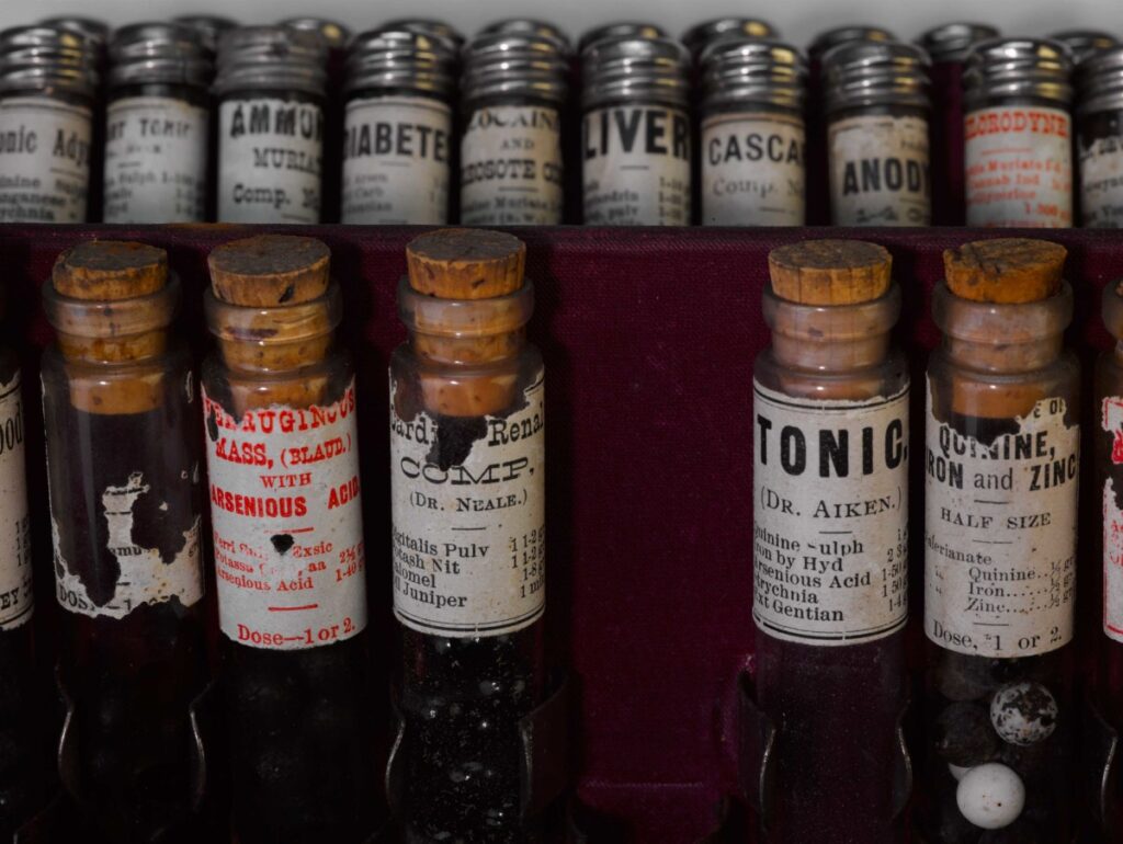 Pharmaceutical samples in a leather case owned by Henry S. Wright