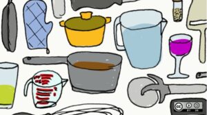 Drawing of pots, pitchers, glasses, and other kitchenware