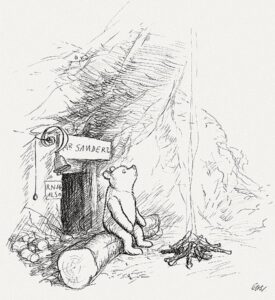 Drawing of Winnie-the-Pooh sitting on a log outside his house.