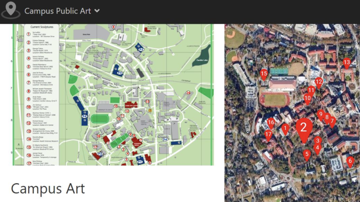 Screenshot of Campus Public Art OpenTour featuring maps and tour description