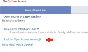 Screen shot of "Look for open access link"