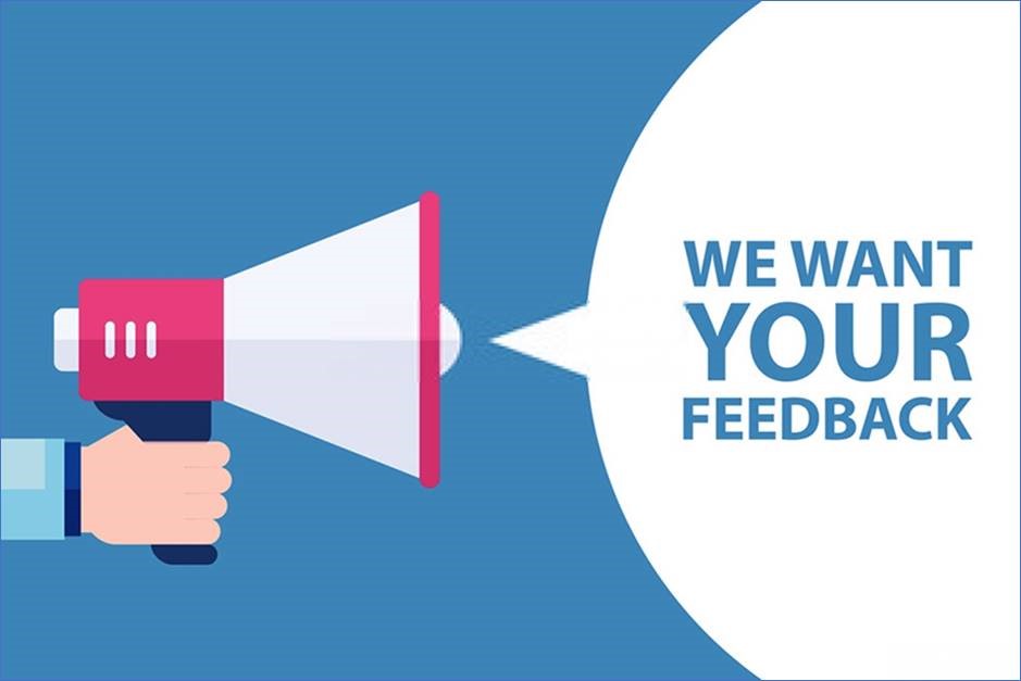 Graphic image with hand holding bullhorn and a talk-bubble that says "we want your feedback"