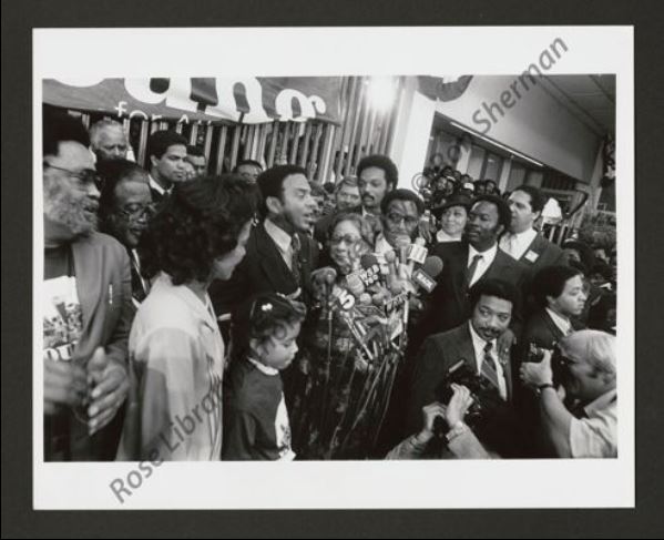 Andrew Young celebrates his victory in the Atlanta mayoral race, 1981