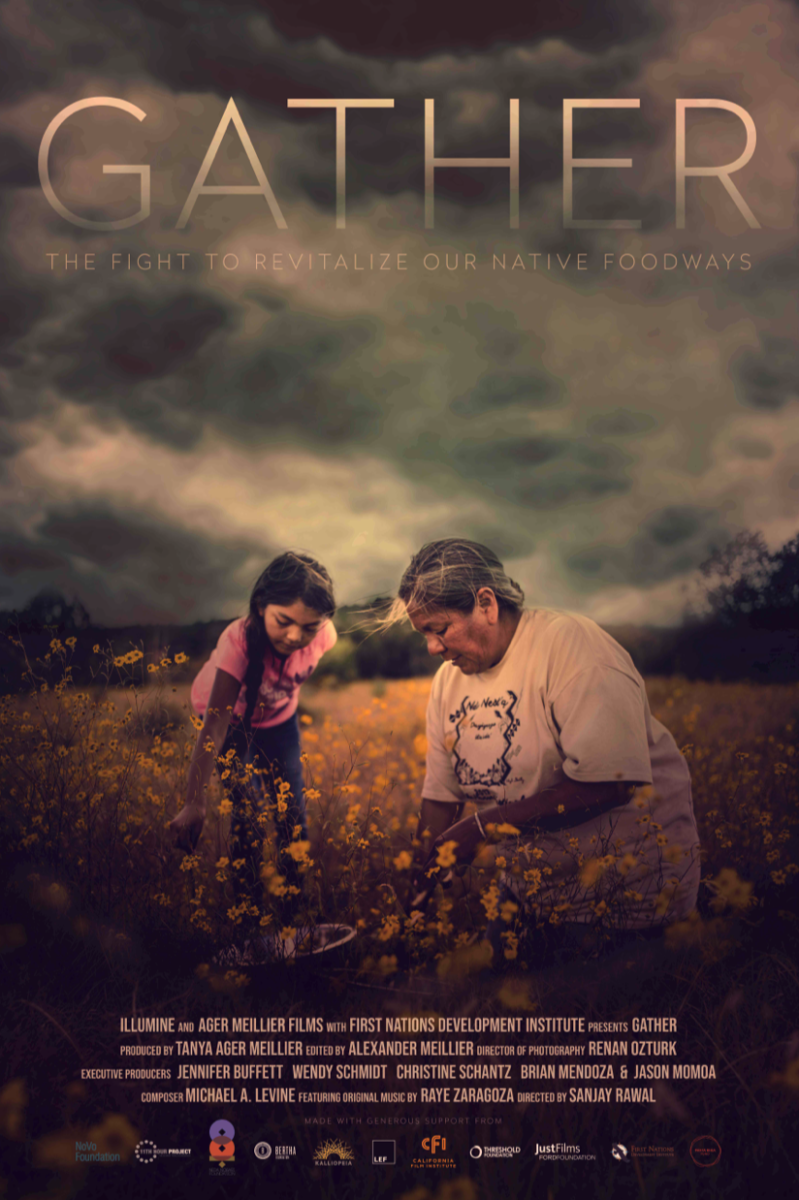 Image of Native woman and young girl gathering flowers. Soured from film poster.