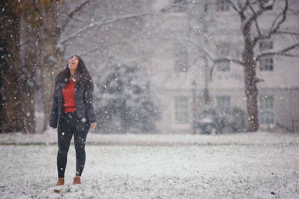 Emory student in snow