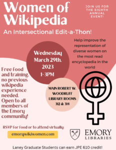Flyer for Wikipedia edit-a-thon, Women in Wikipedia