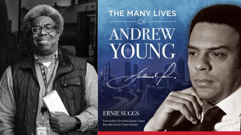 Photo: Spit screen of Suggs on left opposite book cover with Young's image