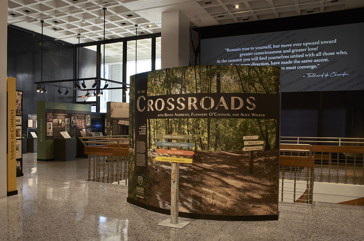 A wide view of the exhibition "At the Crossroads with Benny Andrews, Flannery O'Connor, and Alice Walker."