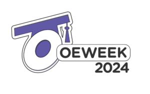 Blue and white logo featuring a large "O" with a graduation cap and the words "OE Week 2024 logo"