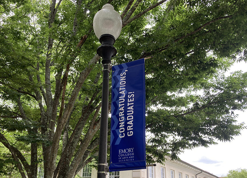 Congratulations lamppost banner on the Emory campus.