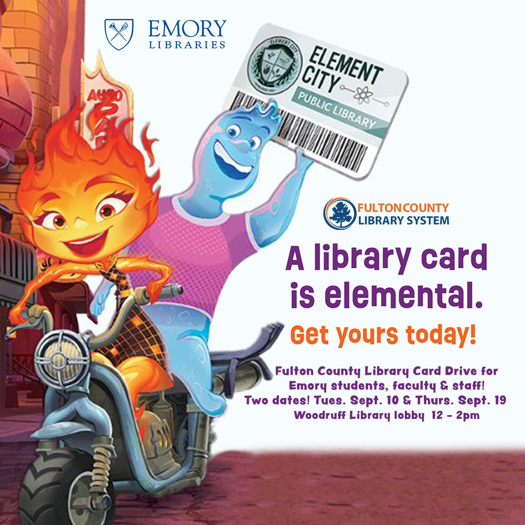 Image of two Elemental City cartoon characters on a scooter promoting library cards.