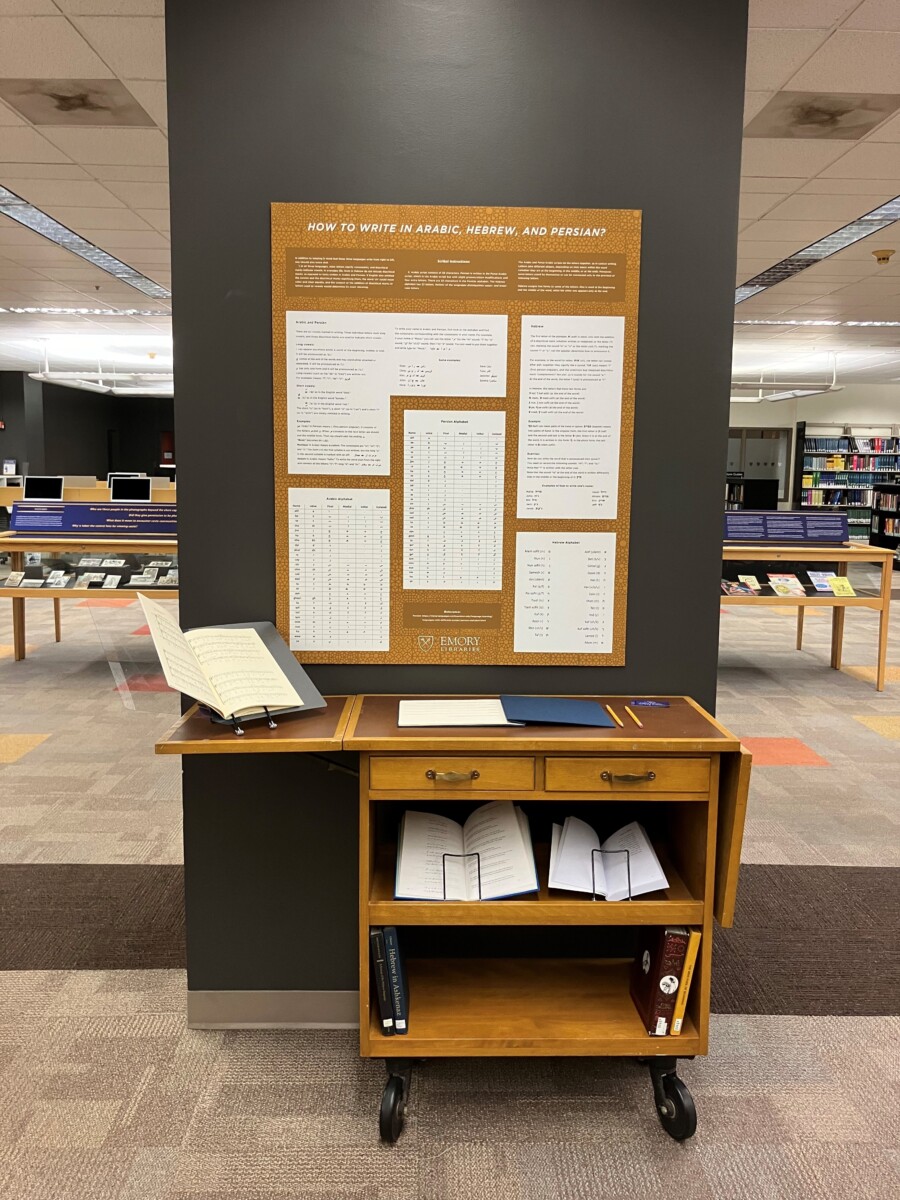 small cart in front of poster with charts