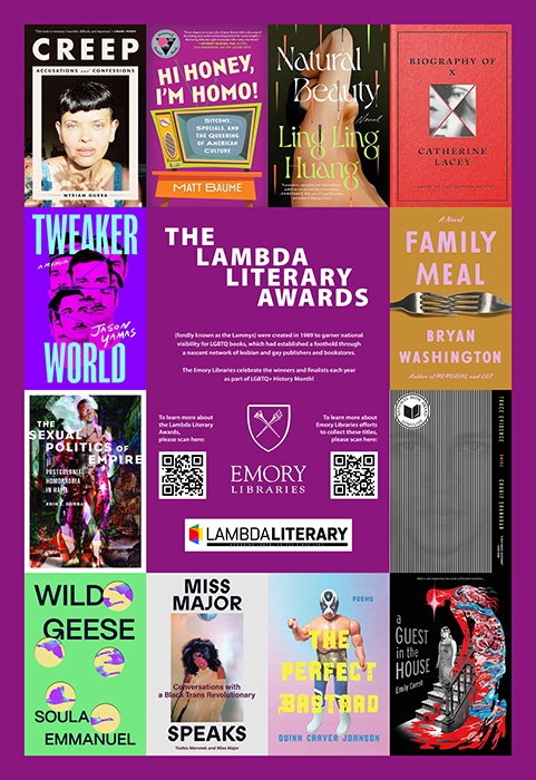 Poster showing the covers of 12 books that won a Lambda Literary Award. The poster promotes a display of these books in Emory's Woodruff Library.