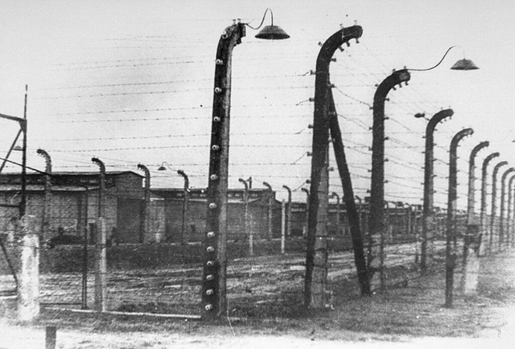 A view of the Auschwitz concentration camp taken after the January 1945 liberation. It shows the building in the background where prisoners were kept, and the barbed wire, tall fencing with light poles in the foreground that kept the prisoners from escaping.