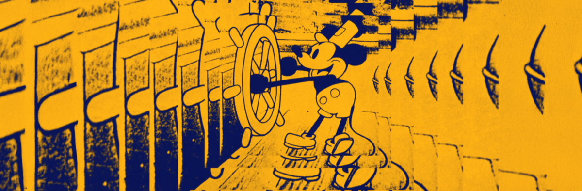 Image of Steamboat Willy: a mouse wearing a hat, short pants, and shoes at the helm of a steamboat. Yellow and dark blue, the image has been telescoped and repeated to give the impression of an expanding photo.