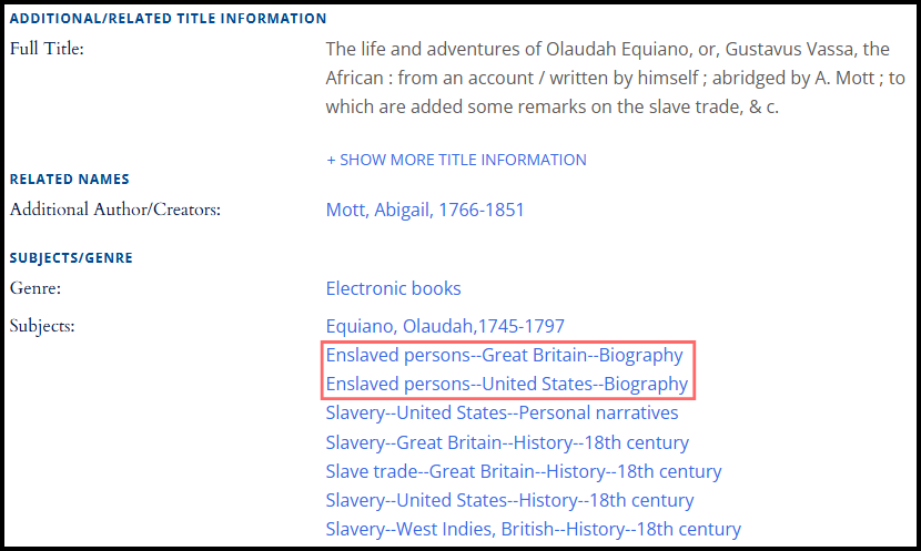 Catalog Ex: "Enslaved" subject heading
