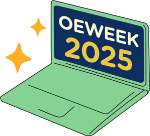 A green cartoon laptop open, with the words "OEWeek 2025" displayed on the screen